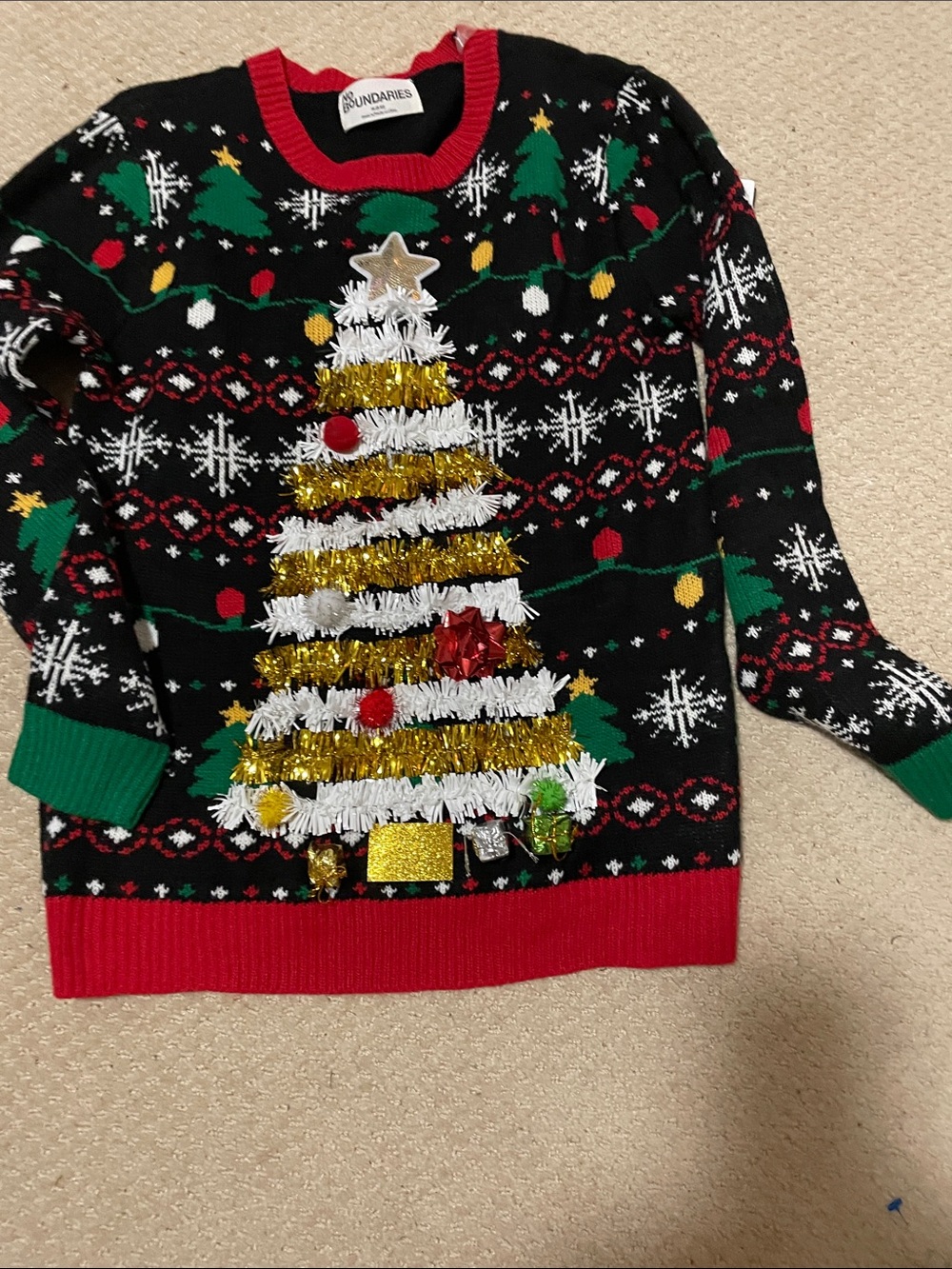 No Boundaries Black Christmas Tree Tinsel Sweater with Red & Green Trim